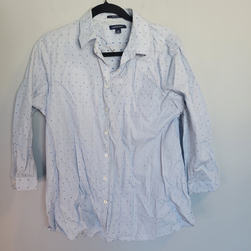 Lands End Cotton Shirt Women 14 Blue White Stripe Polka Dot*See photos for flaws
